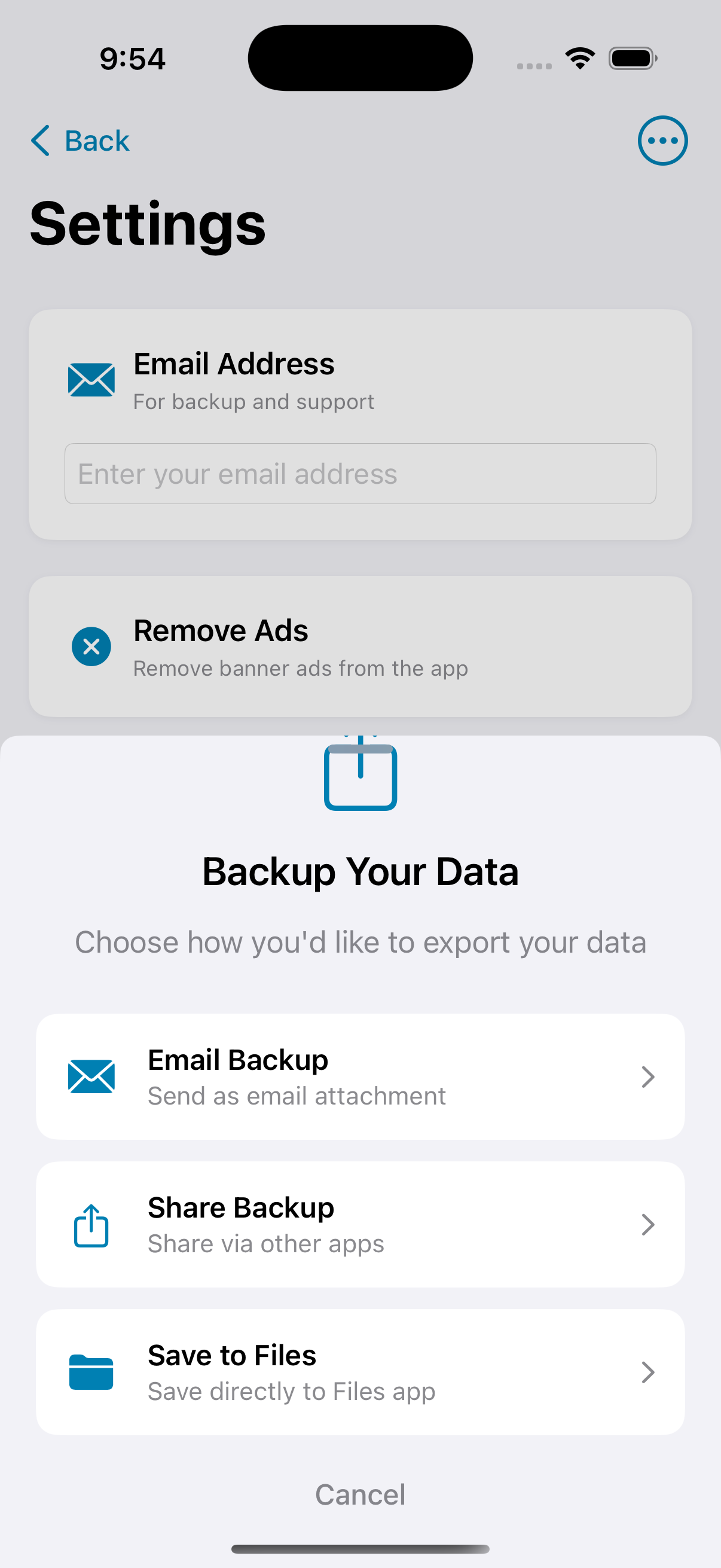 Settings Backup Options