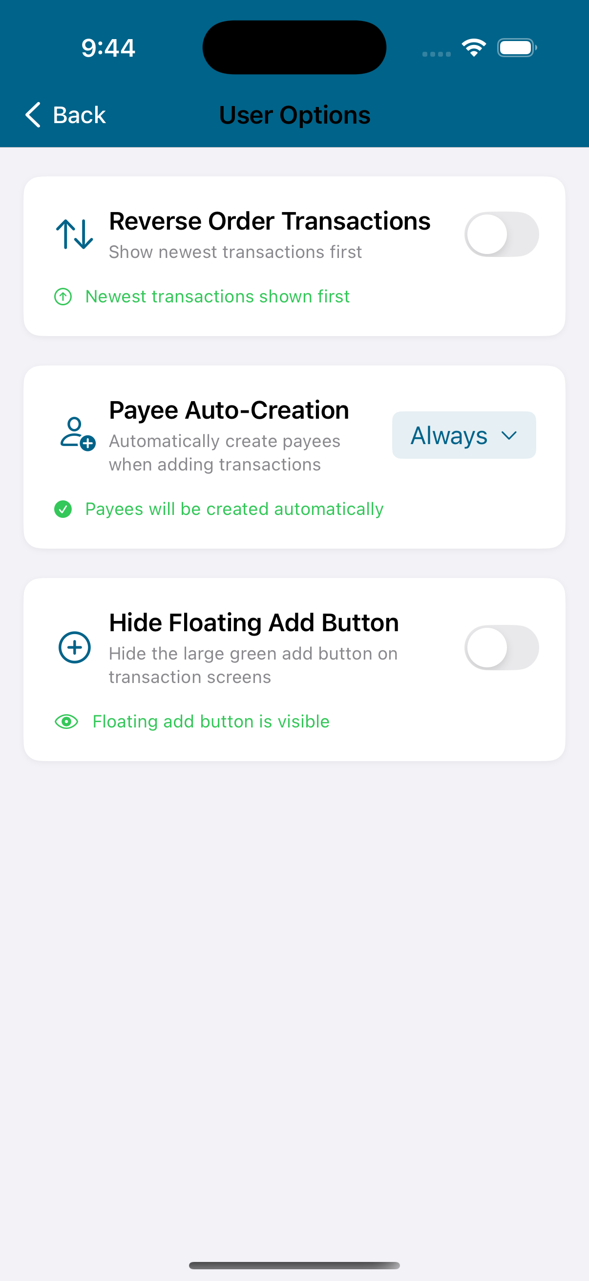 Settings User Options